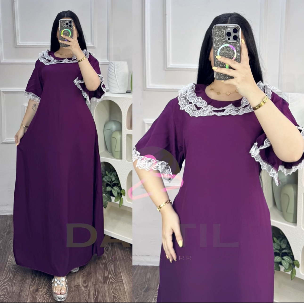 دشداشه طويل كلوش كيبور دانتيل  ملون